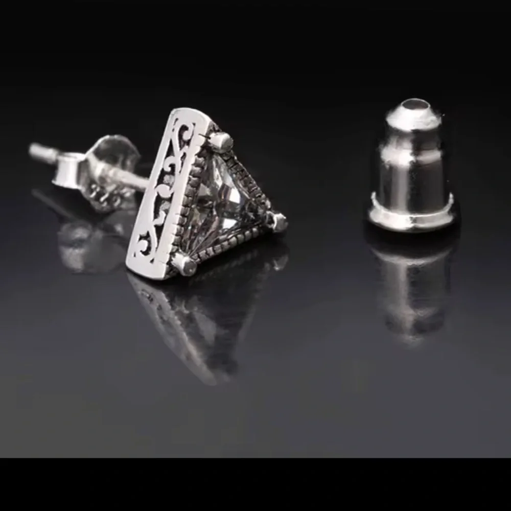 NEW Unisex Triangle Simulated‎ Diamond 925 Silver Stud Earrings